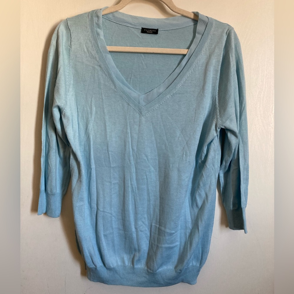 •Talbots Light Blue Silk Blend V-Neck 3/4 Sleeve Medium Knit Sweater #P